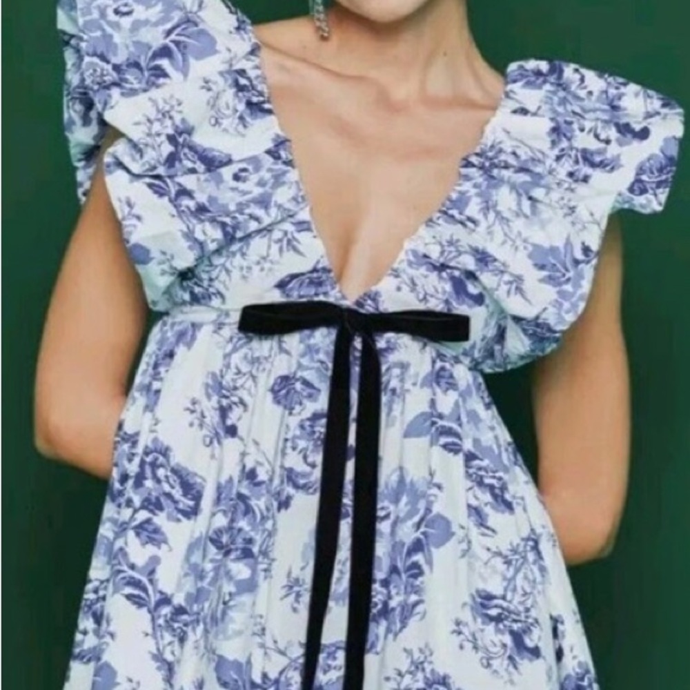 OPT Blue and White Toile Mini Bow Dress Size S NWT